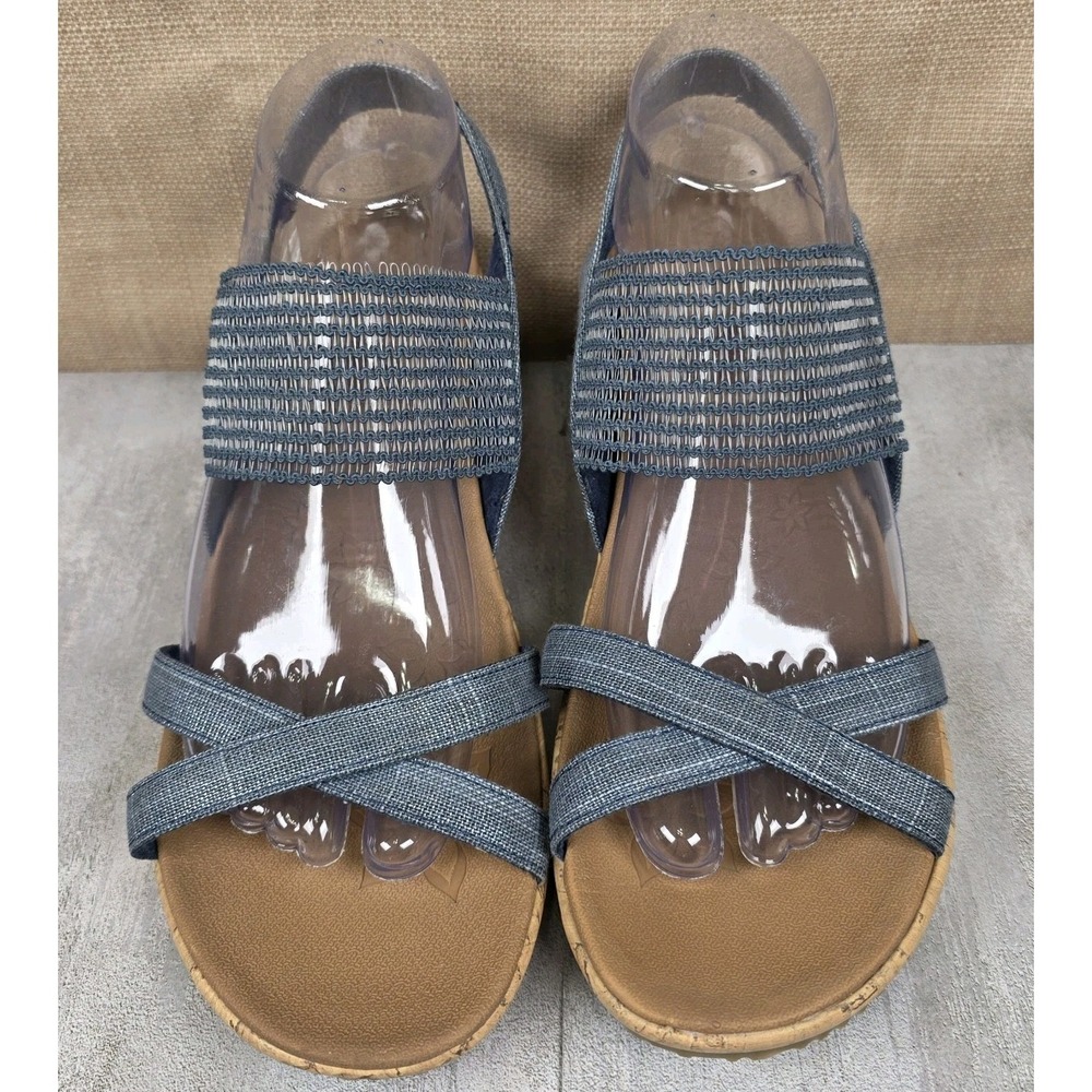Skechers‎ Beverlee High Tea Navy Blue Slingback Wedge Sandals Luxe Foam Size 9.5